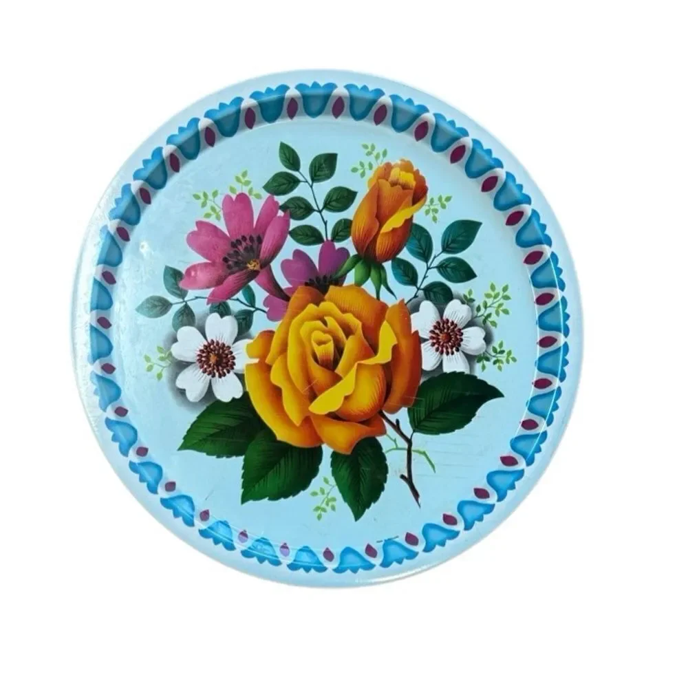 Vintage Elite Tray Made in England Aluminum Rose print 12.5” round